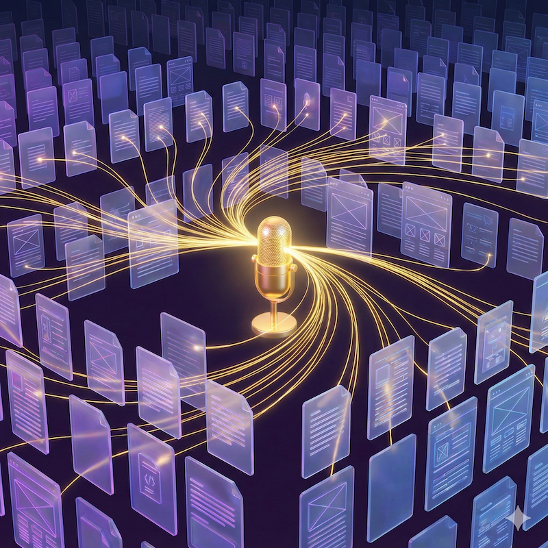 A glowing microphone pulling threads of information from a massive library of floating documents