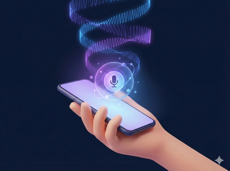 Voice-first interface with sound waves emanating from a glowing microphone